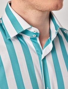 Teal & White Wide Stripe Slim Curtis Shirt - Mid-Collar-preview1