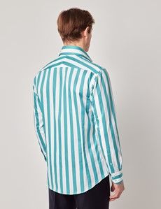 Teal & White Wide Stripe Slim Curtis Shirt - Mid-Collar-preview3