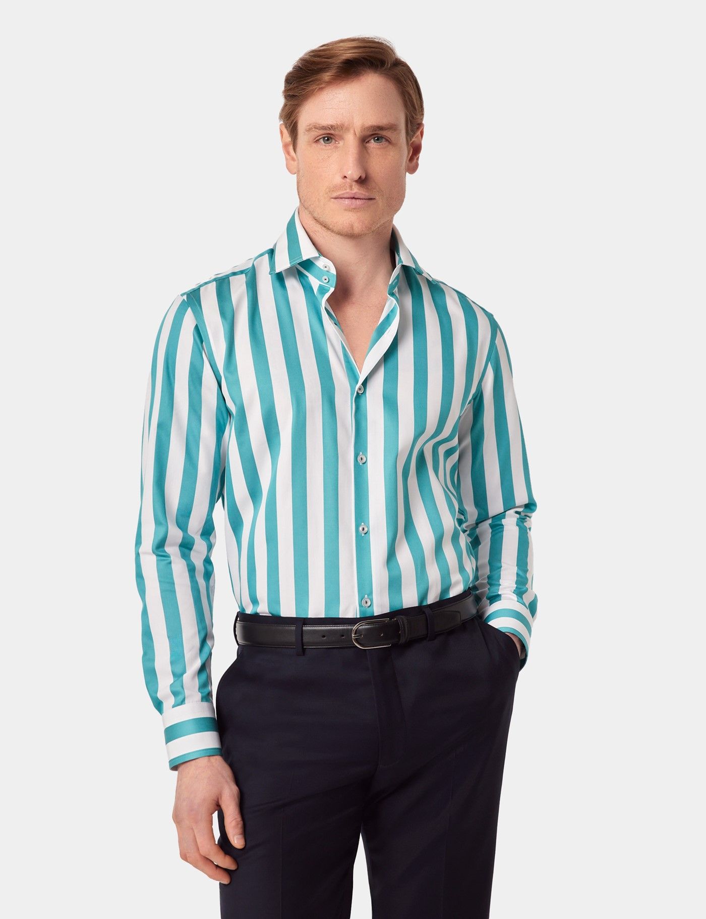 Men's Teal & White Wide Stripe Slim Shirt - Mid-Collar | Hawes