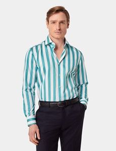 Slim Fit Teal & White Wide Stripe Curtis Shirt
