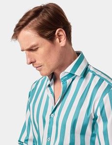 Slim Fit Teal & White Wide Stripe Curtis Shirt