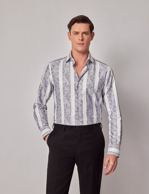 Navy & White Stripe Jacquard Slim Curtis Shirt - Mid-Collar