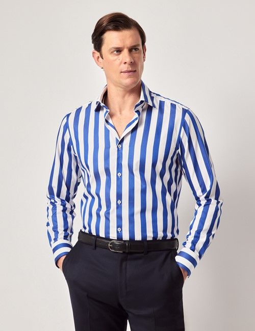 Navy & White Wide Stripe Slim Shirt - Mid-Collar