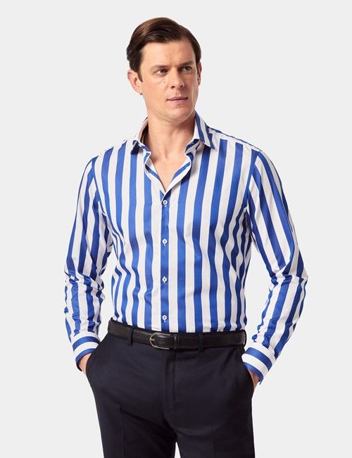 Navy & White Wide Stripe Slim Shirt - Mid-Collar