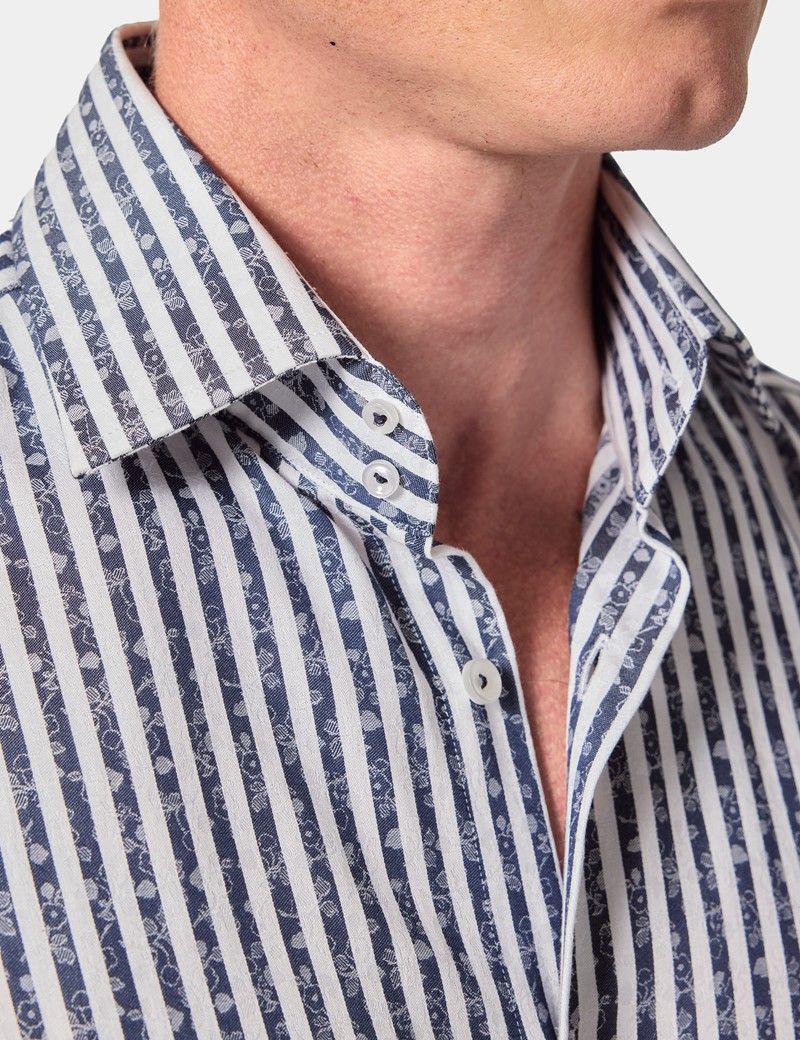 Slim Fit Navy & White Stripe Jacquard Curtis Shirt-preview