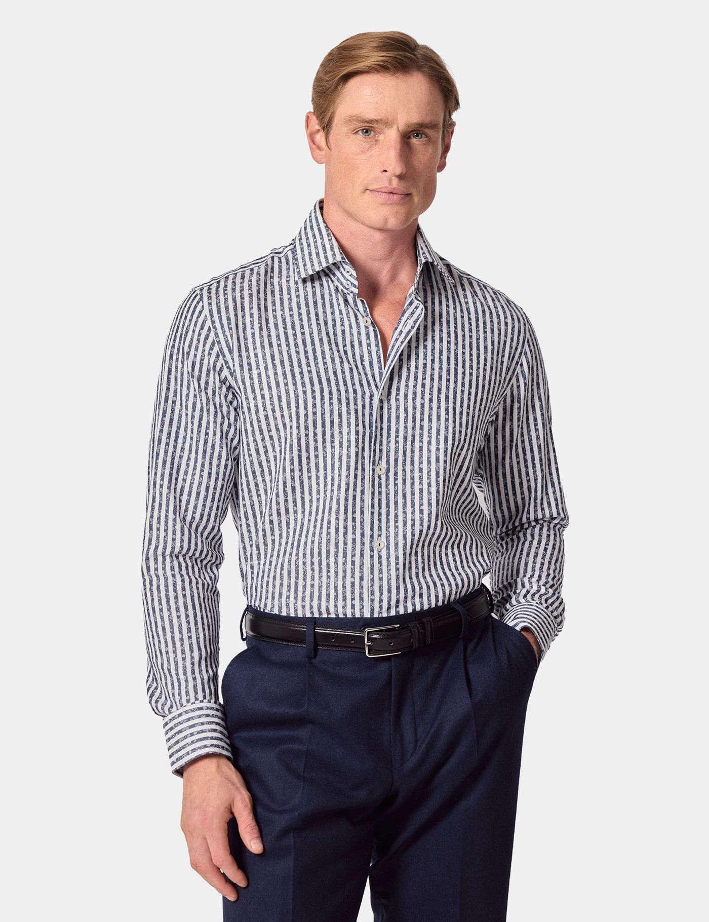 Slim Fit Navy & White Stripe Jacquard Curtis Shirt