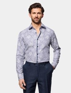 Slim Fit Navy & White Fine Stripe Jacquard Curtis Shirt