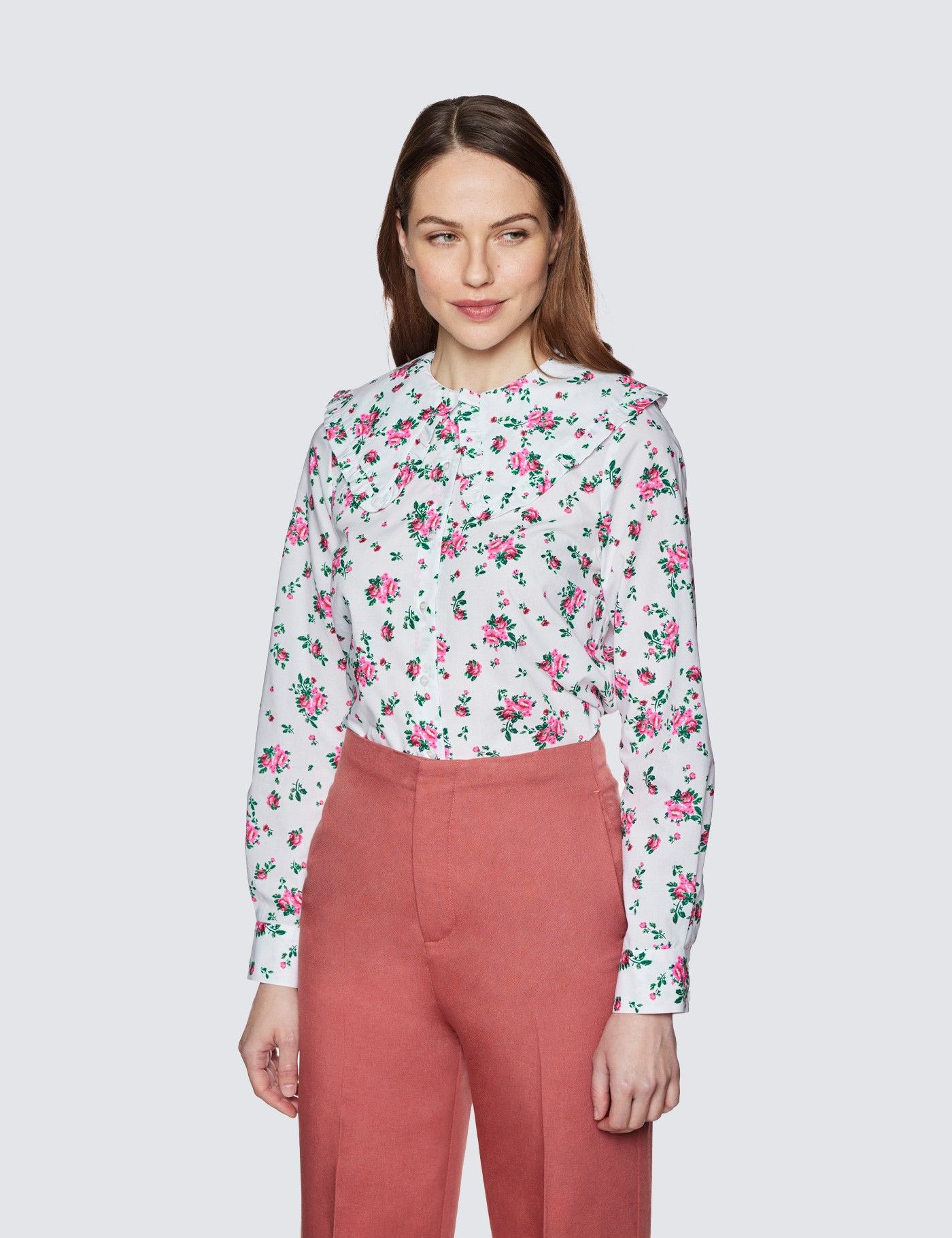 White & Pink Roses Print Boutique Shirt With Frill Neck | Hawes & Curtis