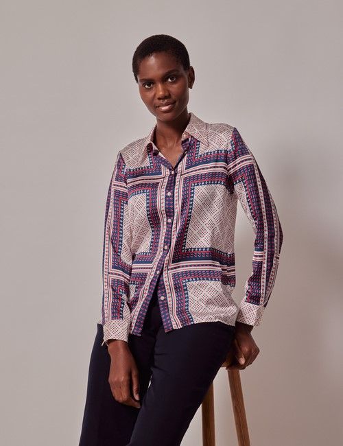 Cream & Red Geometric Boutique Satin Blouse