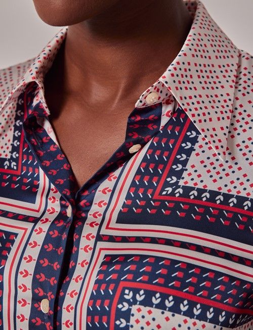 Cream & Red Geometric Boutique Satin Blouse-preview