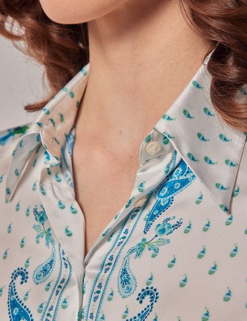White & Blue Paisley Boutique Satin Blouse-preview