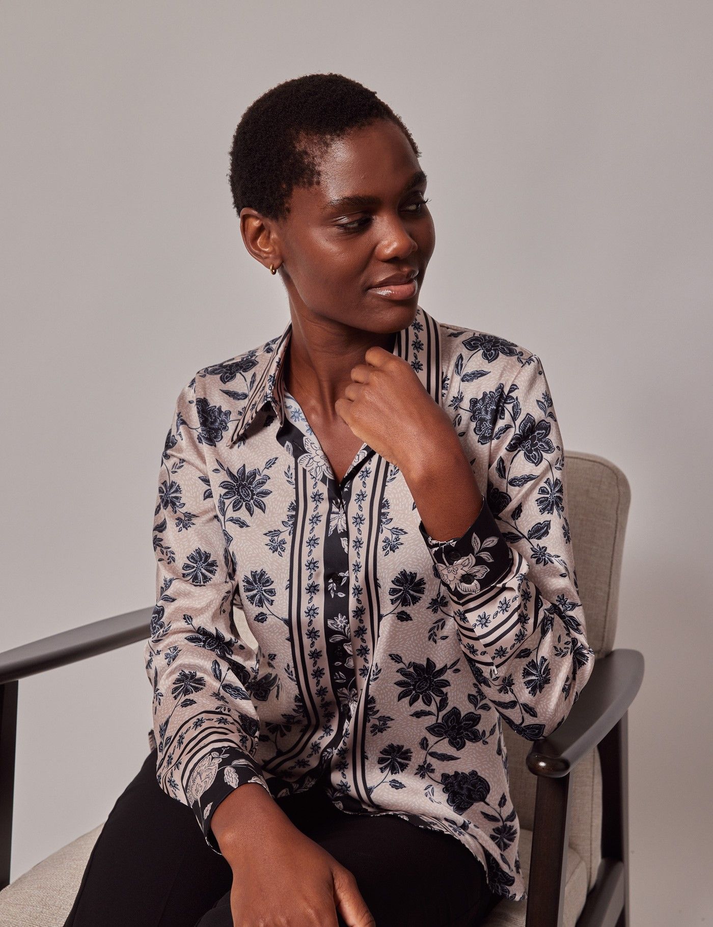 Beige & Black Floral Boutique Satin Blouse