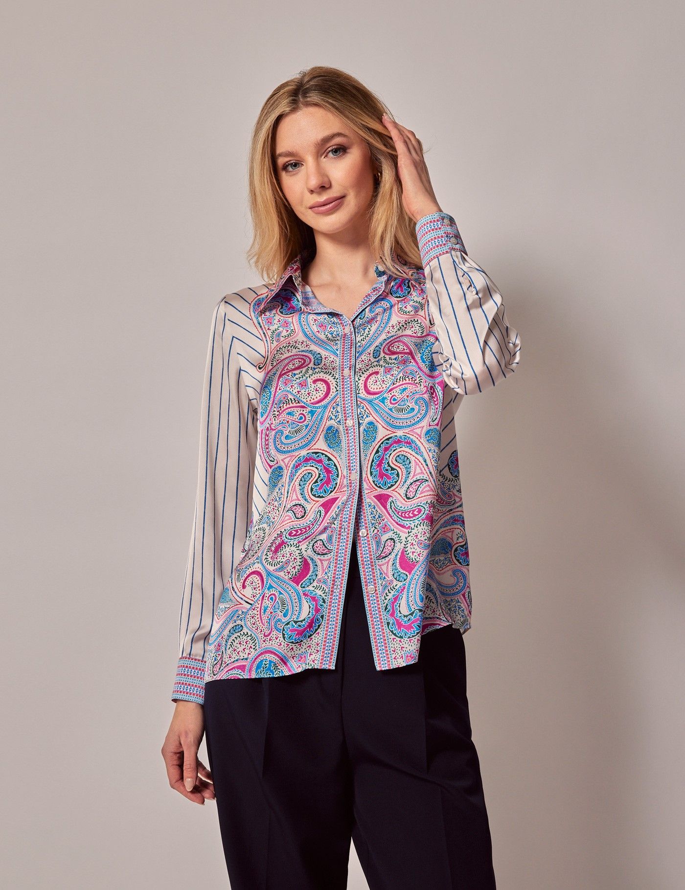 Relaxed Cream & Blue Paisley Stripe Boutique Blouse-preview