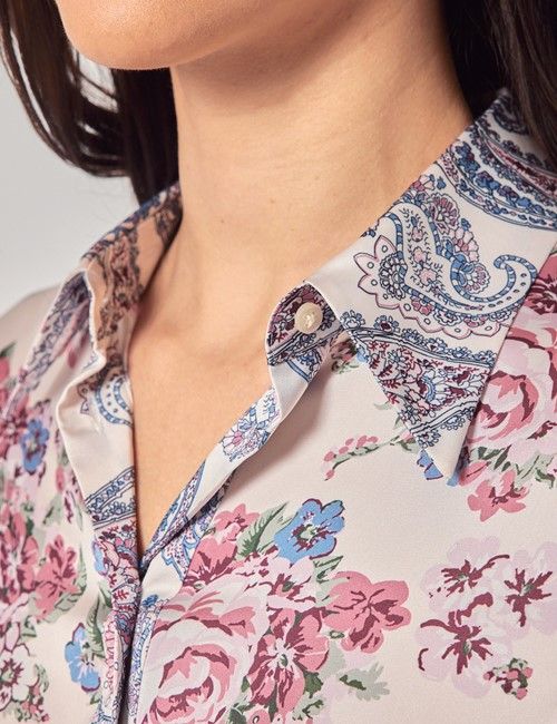 Cream & Pink Floral Satin Boutique Blouse-preview
