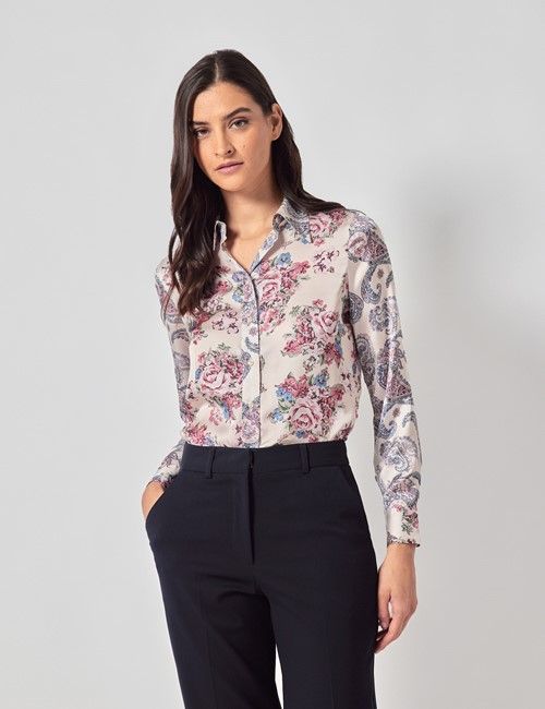 Cream & Pink Floral Satin Boutique Blouse