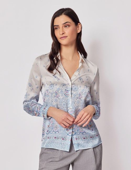 Cream & Blue Paisley Boutique Satin Blouse