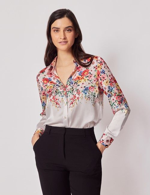 White & Red Floral Boutique Satin Blouse