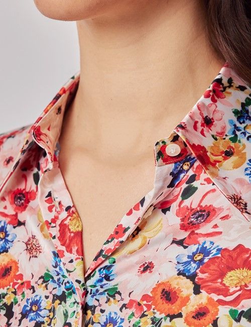 White & Red Floral Boutique Satin Blouse-preview