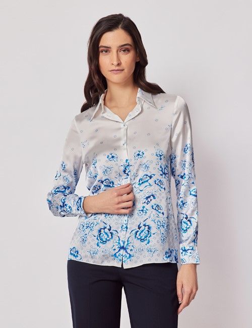 Blue & White Floral Boutique Satin Blouse