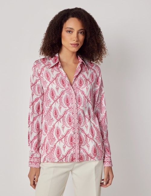 White & Pink Paisley Satin Boutique Blouse