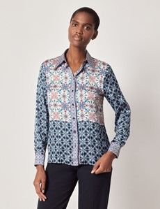Relaxed Fit Navy & Pink Geometric Boutique Blouse