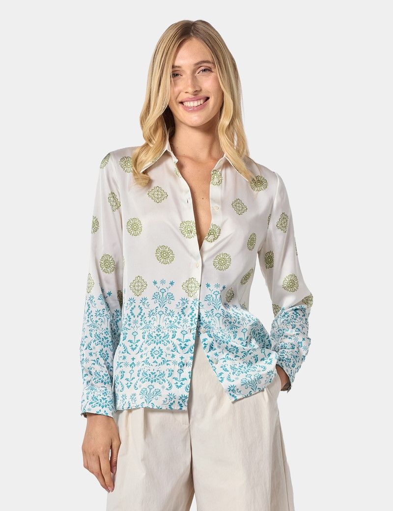 Relaxed Fit Cream & Green Floral Boutique Blouse