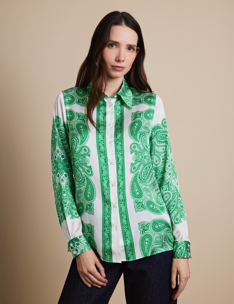 Relaxed Fit White & Green Paisley Boutique Blouse