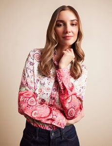 Relaxed Fit White & Pink Floral Boutique Blouse