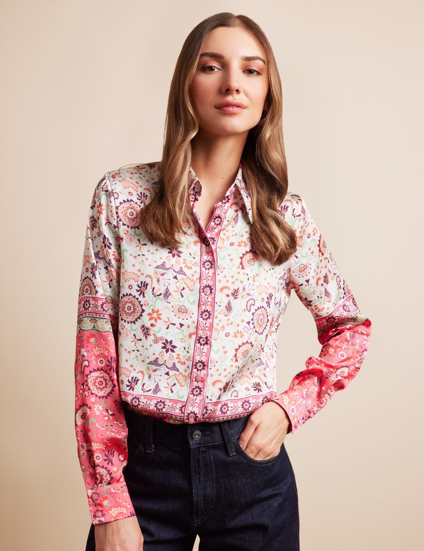 floral dress shirt women's Floral Patterned Shirt with Front Buttons, Long Sleeves & Sheer Flowy Fabric  Edda Shirt by EASY CLOTHES  Size S