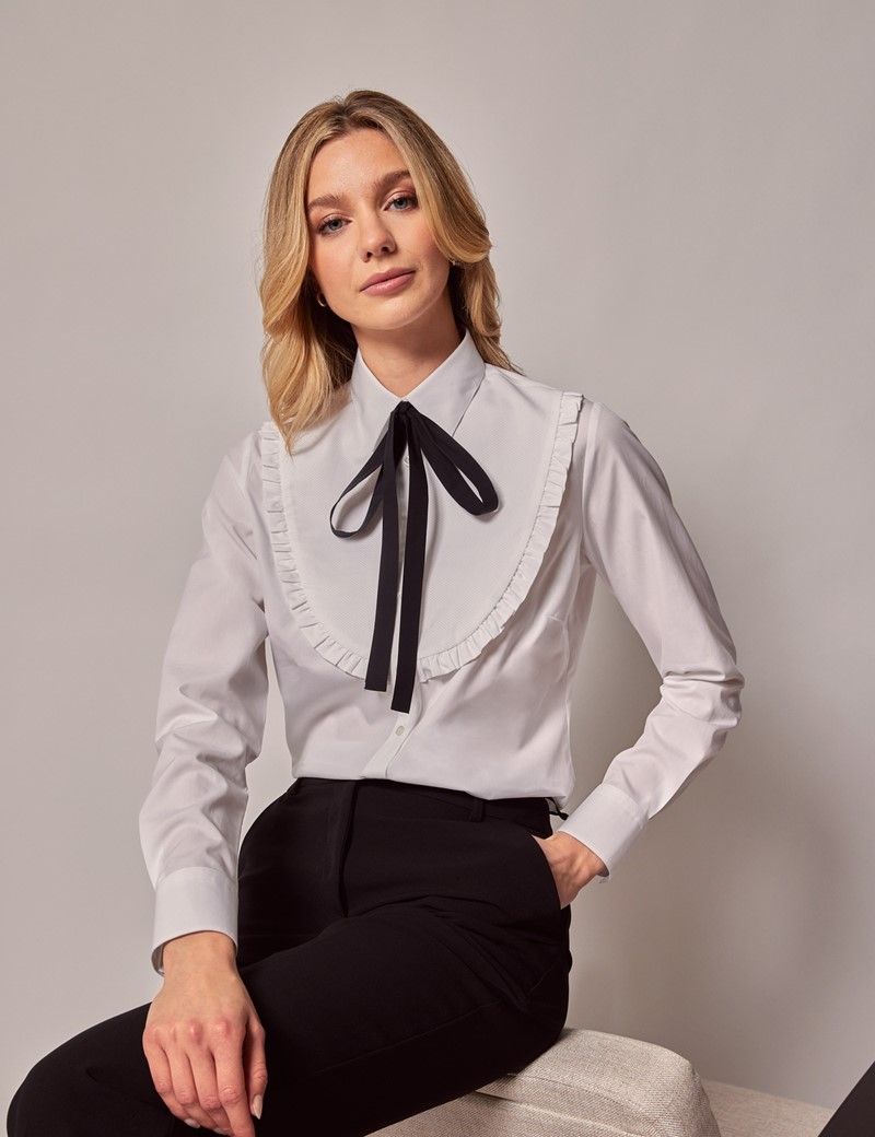 Women's White Waffle Frill Collar Boutique Shirt with Bow Detailing ...