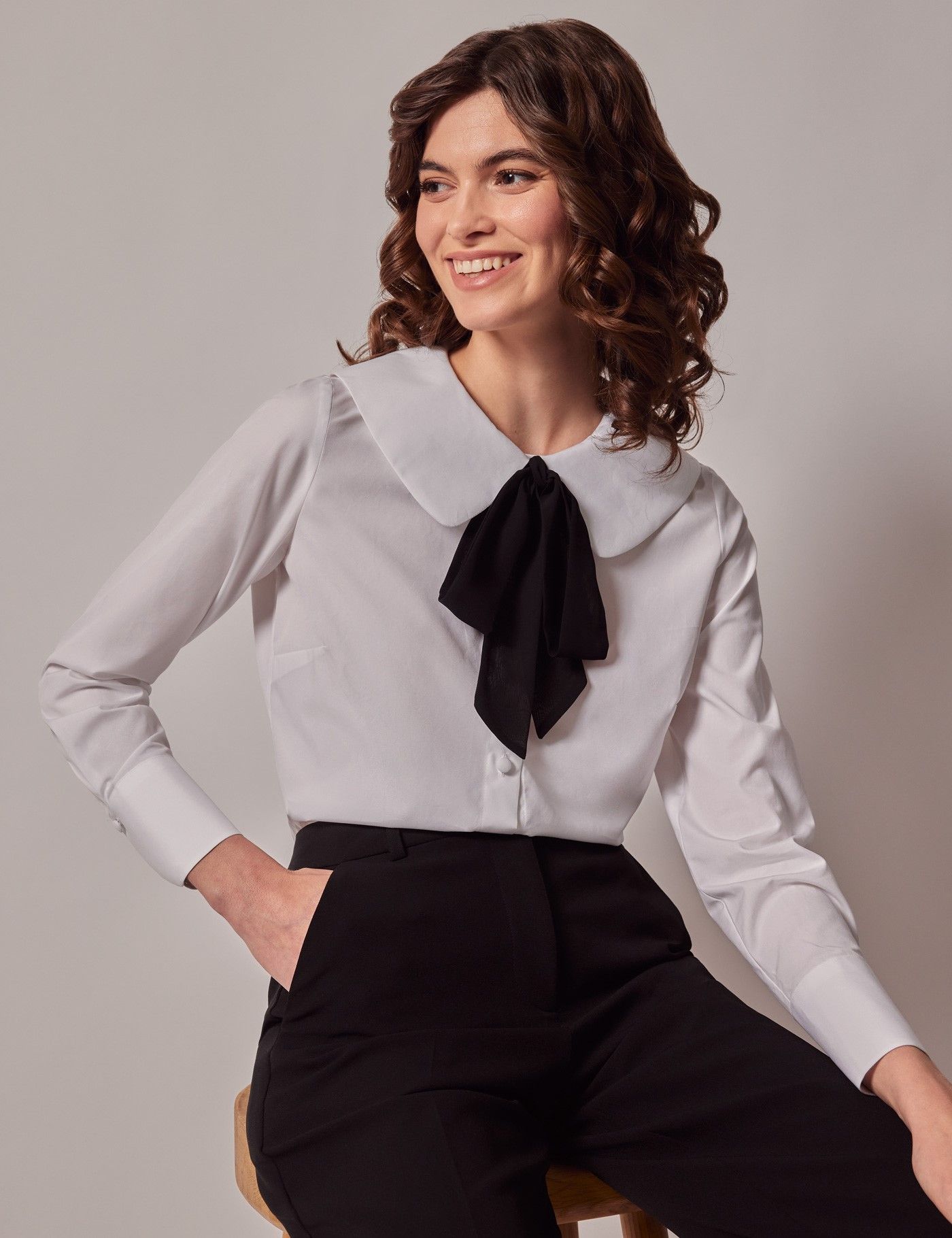 Women's White Peter Pan Collar & Bow Boutique Shirt | Hawes & Curtis