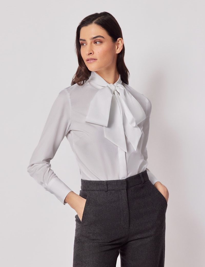 White Cotton Pussybow Semi Fitted Boutique Shirt