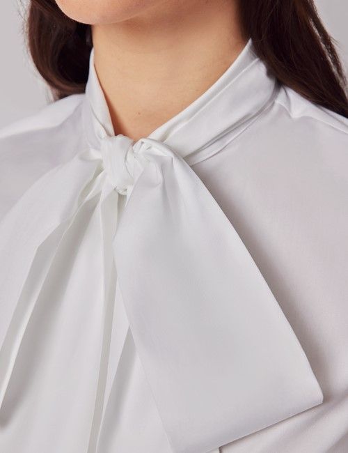White Cotton Pussybow Semi Fitted Boutique Shirt-preview
