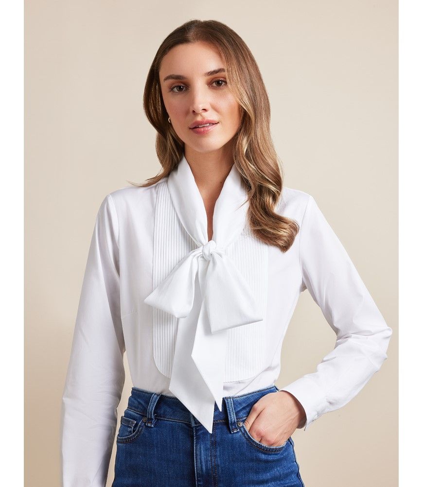 Women's Semi-Fitted White Pleated Bib Pussybow Shirt | Hawes and