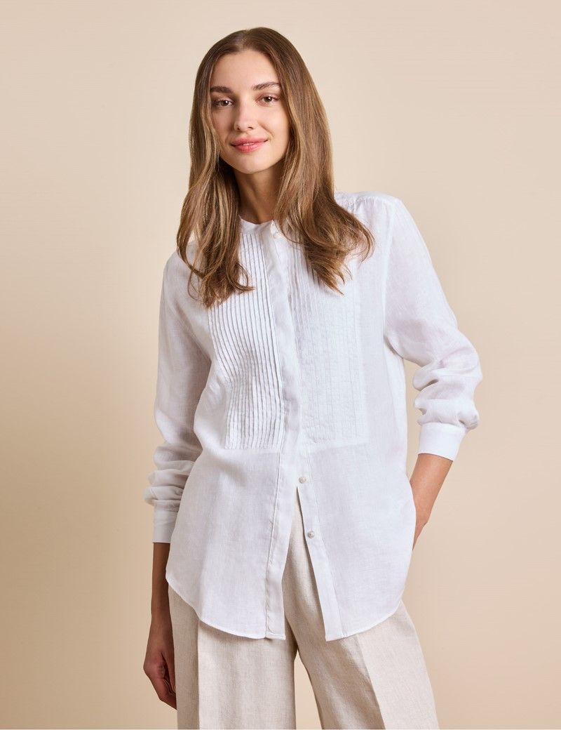 Relaxed Fit White Pleated Front Boutique Linen Shirt