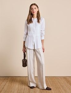 Relaxed Fit White Pleated Front Boutique Linen Shirt