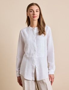 Relaxed Fit White Pleated Front Boutique Linen Shirt