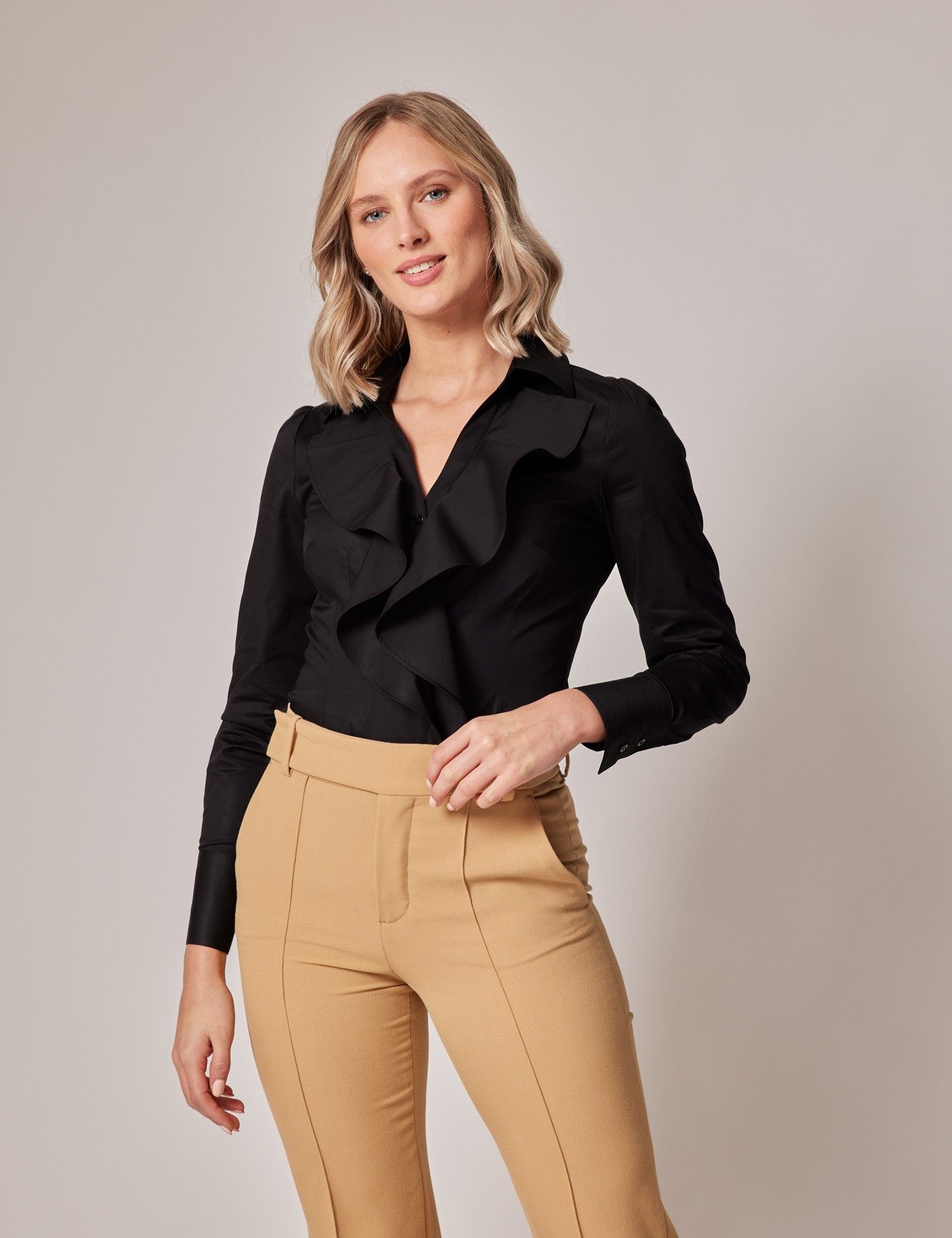 Black Open Frilled Collar Cotton Stretch Boutique Shirt