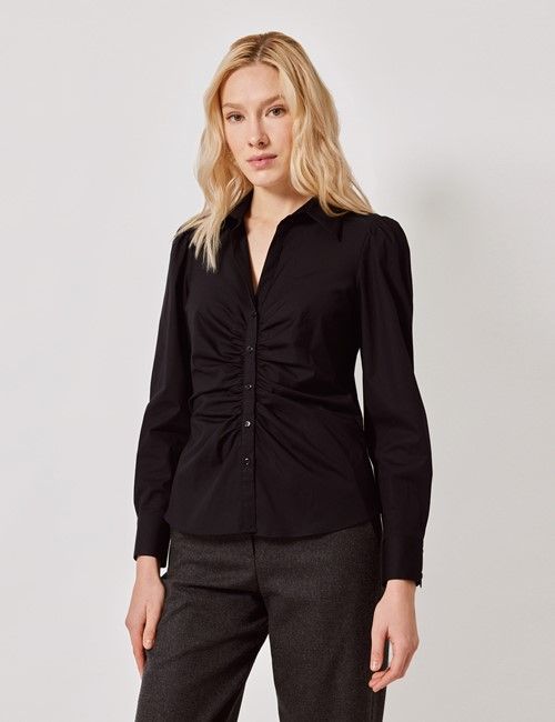 Black Gathered Front Cotton Stretch Fitted Boutique Shirt