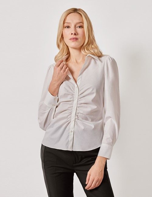 White Gathered Front Cotton Stretch Fitted Boutique Shirt