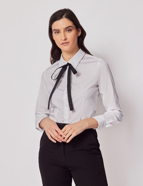 White Contrast Ribbon Cotton Stretch Boutique Shirt