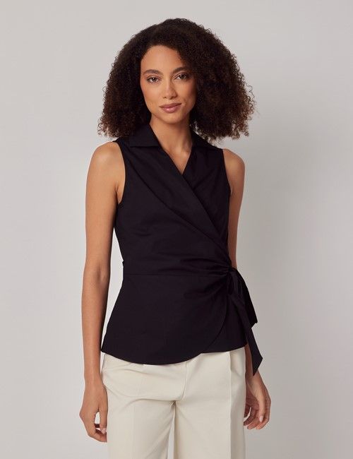 Black Cotton Stretch Wrap Sleeveless Boutique Shirt