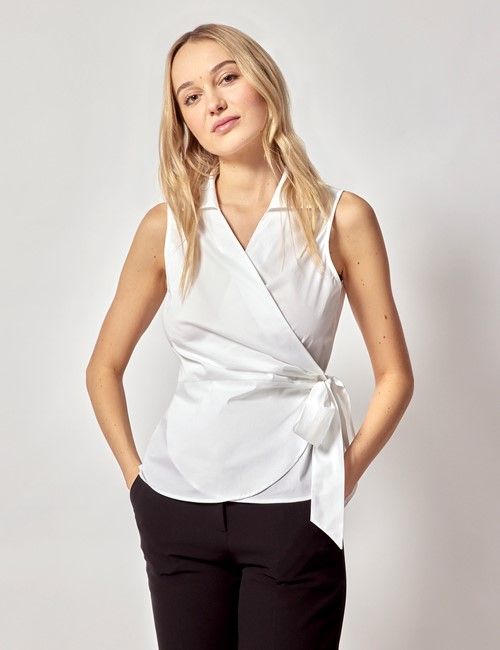 White Cotton Stretch Wrap Sleeveless Boutique Shirt