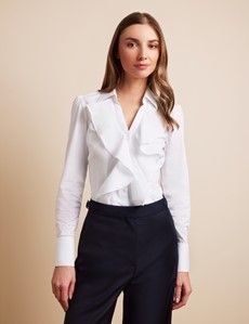Fitted White Open Frill Collar Shirt