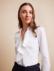 Fitted White Open Frill Collar Shirt