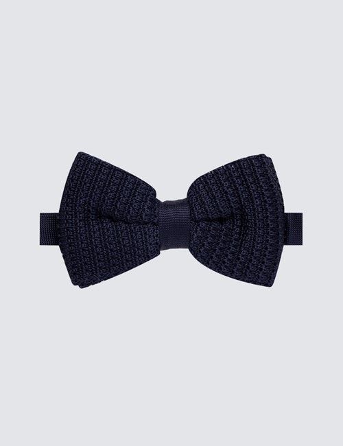 Navy Knitted Silk Bow Tie - Ready Tied