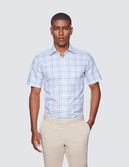 Pink & Blue Multi Check Tailored Fit Short Sleeve Shirt – Chest Pocket