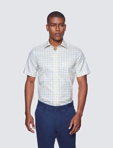 Blue & Yellow Multi Check Tailored Fit Short Sleeve Shirt – Chest Pocket