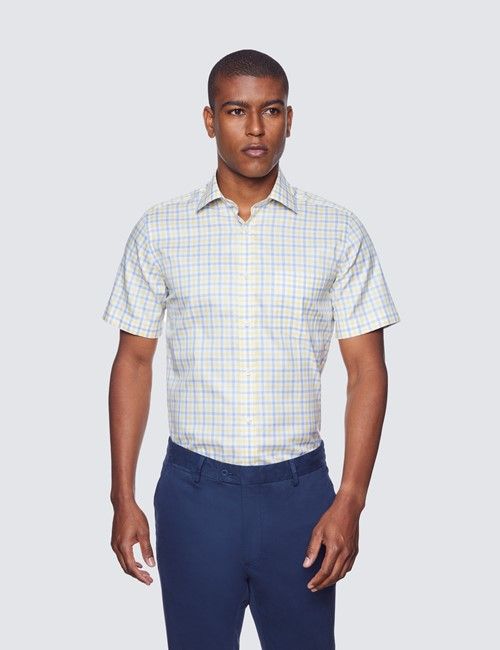 Blue & Yellow Multi Check Tailored Fit Short Sleeve Shirt – Chest Pocket