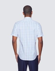 Tailored Fit Blue & Navy Multi Check Non-Iron Shirt - Short Sleeve - Chest Pocket